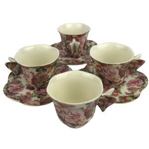 Baum Bros Formalities Set 4 Butterfly Handle Demitasse Tea Cups & 3 Saucers Rose